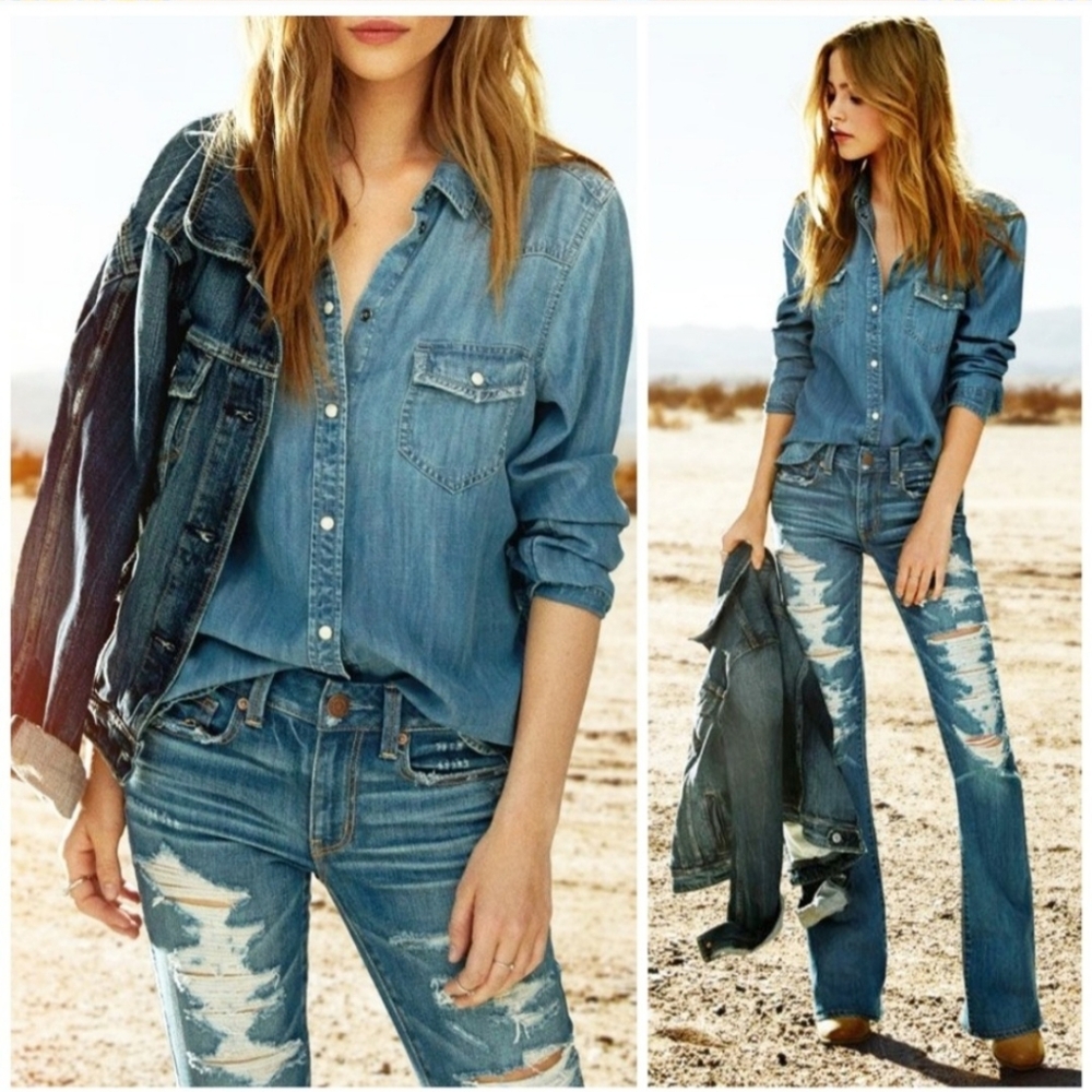 American Eagle AEO Boho Artist Distressed Destroyed Flare Denim Jeans 8 - Picture 2 of 15